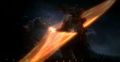 Destoroyah cuts Godzilla using his Horn Katana, but Godzilla's enhanced regeneration holds himself together