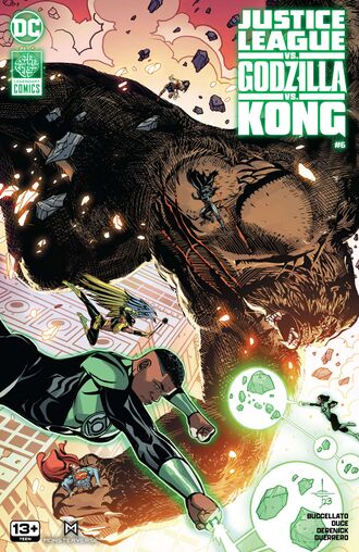 Main Cover of Justice League vs. Godzilla vs. Kong #6 by Drew Johnson and Romulo Fajardo Jr.