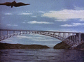 Rodan destroys Saikai Bridge by flying over it in Rodan