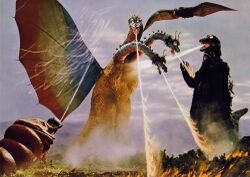 Godzilla, Rodan, and Mothra fight King Ghidorah (Ghidorah, the Three-Headed Monster)