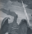 Rodan's upper half hand puppet, along with a flying prop representing its mate in the background