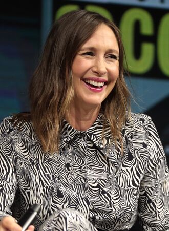 Vera Farmiga speaking at the 2018 San Diego Comic Con International, for "Godzilla: King of the Monsters", at the San Diego Convention Center in San Diego, California.