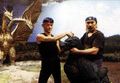 Satsuma shakes hands with "Hurricane" Ryu Hariken on the set of Godzilla vs. King Ghidorah