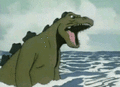 Godzilla leaping out of the ocean to dive