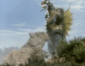 Gigan destroying a large rock formation with his claws in Zone Fighter