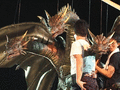 The Cretaceous King Ghidorah suit is prepared for filming.