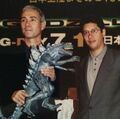 Emmerich holding a Trendmasters Godzilla 1998 figure