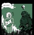The giant woman is startled by Godzilla's presence.