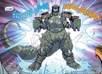 Godzilla wearing the Dragonzord armor in Godzilla vs. The Mighty Morphin Power Rangers II #2