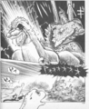 Godzilla bleeding from his eyes after the Garuda deployed spiked projectiles to destroy them, while Mechagodzilla rips his dorsal fins in half in the Godzilla vs Mechagodzilla II manga adaptation by Shogakukan