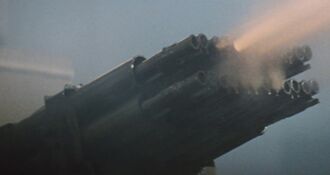 A missile launcher of the City Defense Missile System in Destroy All Monsters