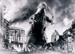 Godzilla biting a train while destroying Tokyo (Godzilla, 1954)