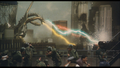 Mecha-King Ghidorah battles Godzilla in Shinjuku in Godzilla vs. King Ghidorah