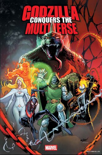 The main cover of Godzilla Conquers the Multiverse by David Marquez