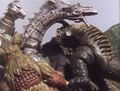 Baragon, Godzilla, Mechagodzilla and King Caesar fighting Mecha-King Ghidorah