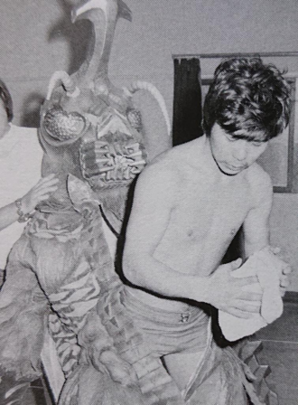 Hideto Date emerges from the Megalon suit during rehearsals for Godzilla vs. Megalon