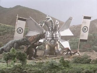 Mecha-King Ghidorah, Kamacuras, Gorosaurus, and Baragon standing ready to march on Godzilla Island