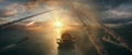Several Ticonderoga-class cruisers firing missiles toward Godzilla