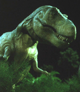 A Tyrannosaurus rex in Rebirth of Mothra 3. This image has been brightened for clarity