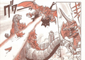 Destoroyah's Stomach Beam severs one of Godzilla's dorsal plates in the Rippu Shobo manga adaptation.