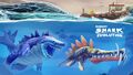 A promotional image for Hungry Shark Evolution featuring Sharkjira and Leo the Liopleurodon