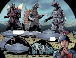 SpaceGodzilla, Gigan, Mechagodzilla, and Xiliens in 1804