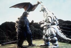 Godzilla, Rodan, and Mechagodzilla square off in a publicity photo for Godzilla vs. Mechagodzilla II