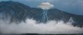 An Xilien UFO lifts Godzilla out of Lake Myojin