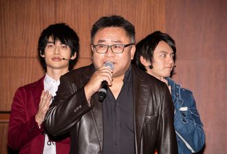 Ryuichi Ichino (center) with Yuya Hirata and Tatsuomi Hamada at a press release for Ultraman Taiga the Movie in 2019