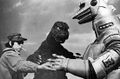 Teruyoshi Nakano directs Mechagodzilla actor Kazunari Mori and Godzilla actor Isao Zushi during filming of the climactic battle scene