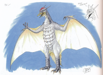 White Rodan concept art by Shinji Nishikawa (with male Rodan head concept in upper right corner)