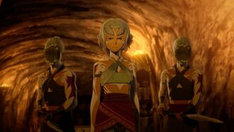 The Houtua priestess Maina flanked by two guards