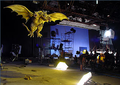 King Ghidorah's suit is suspended in the air to simulate flight.