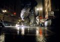 Godzilla chases Nick and the others as they flee in a taxi