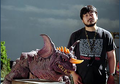 Makoto Kamiya with the Baragon suit