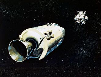 An illustration of the Apollo Lunar Module's ascent stage preparing to dock with the command and service module, which appears in Gamera vs. Guiron