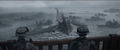 Four Arleigh Burke-class destroyers being pushed aside by Godzilla at the Golden Gate Bridge, alongside eight Ticonderoga-class guided missile cruisers and two Independence-class littoral combat ships