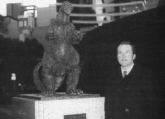 Steve Ryfle visiting the bronze statue of Godzilla in Tokyo, January 1996