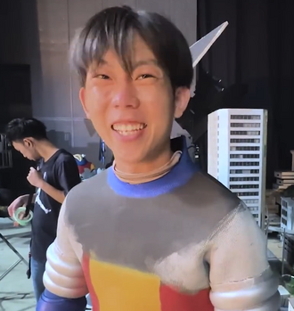 Saitou wearing the Jet Jaguar suit on the set of Fest Godzilla 4: Operation Jet Jaguar