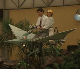 Kazuma Aoki and Azusa Gojo riding the Pteranodon Robot in Godzilla vs. Mechagodzilla II