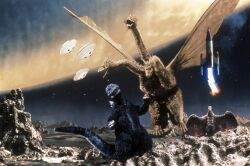 Godzilla and Rodan fight King Ghidorah on Planet X (Invasion of Astro-Monster)