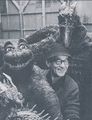 Teizo Toshimitsu with the Minilla, Baragon, and Rodan suits and Varan prop used in Destroy All Monsters