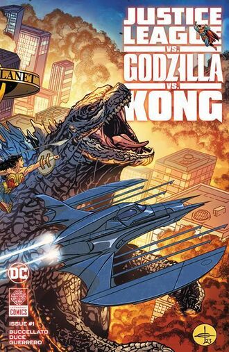 Main Cover of Justice League vs. Godzilla vs. Kong #1 by Drew Johnson and Romulo Fajaroo Jr.