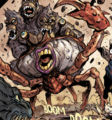 A three-headed ape on a giant crab with a human-like mouth