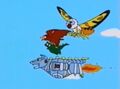Mothra and Mechagodzilla flying with Rodan, who is carrying Godzilla