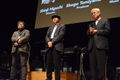 Shogo Tomiyama (center) with Shinji Higuchi (left) and Masao Iwase (right) at the Godzilla Cinema Concert on October 31, 2017
