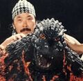Satsuma as Godzilla on the set of Godzilla vs. Destoroyah