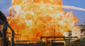 Gamera absorbs the explosion of a refinery thanks to his telepathic bond with Asagi Kusanagi