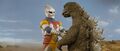 Godzilla handshaking with Jet Jaguar