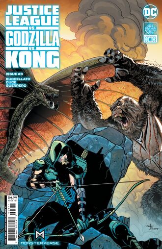 Main Cover of Justice League vs. Godzilla vs. Kong #3 by Drew Johnson and Romulo Fajaroo Jr.